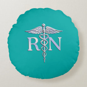 Registered Nurse RN Caduceus on Turquoise Round Cushion