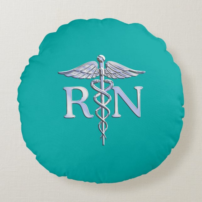 Registered Nurse RN Caduceus on Turquoise Round Cushion (Front)