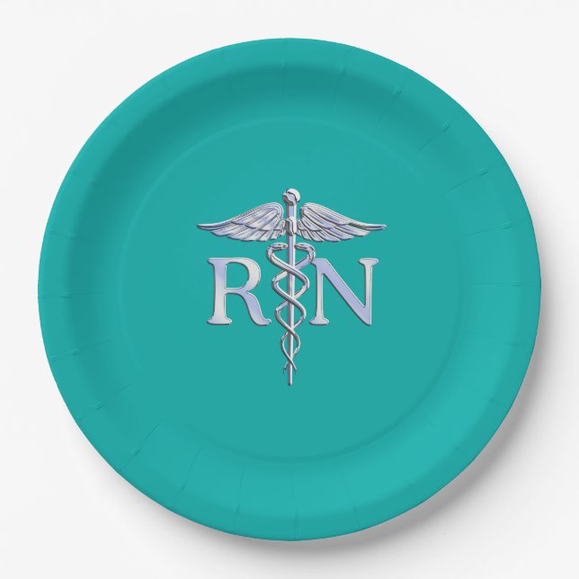 Registered Nurse RN Caduceus on Vibrant Turquoise Paper Plate (Front)