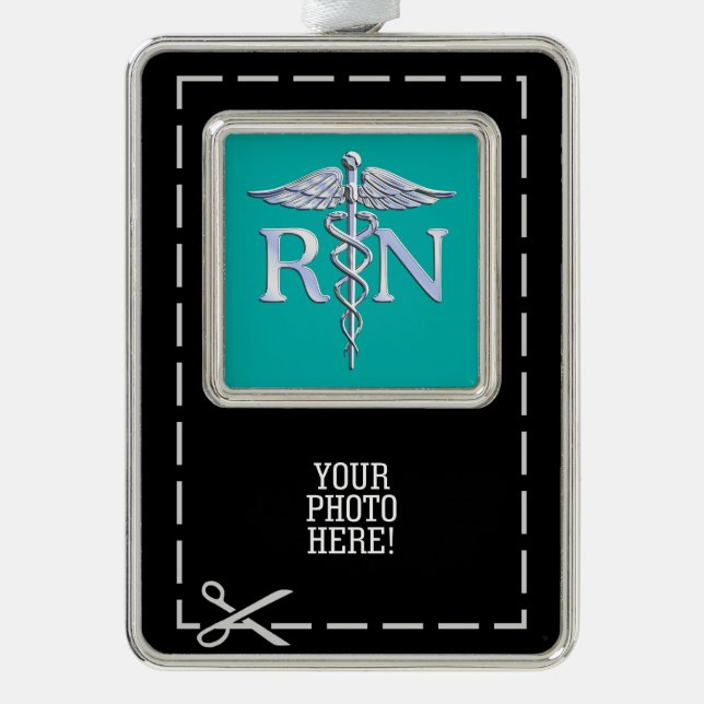 Registered Nurse RN Caduceus on Vibrant Turquoise Silver Plated Framed Ornament (Front)