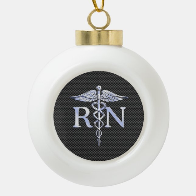 Registered Nurse RN Caduceus Snakes Black Carbon Ceramic Ball Christmas Ornament (Front)