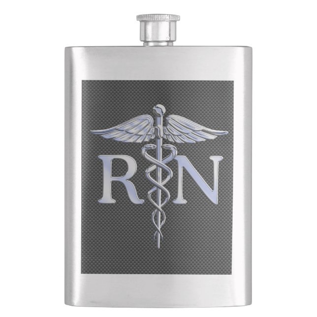 Registered Nurse RN Caduceus Snakes Black Carbon Hip Flask (Front)