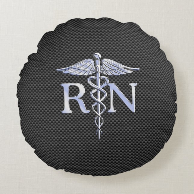 Registered Nurse RN Caduceus Snakes Carbon Round Cushion (Front)