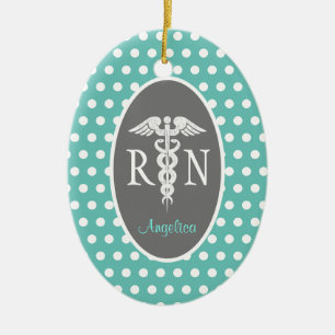 Registered Nurse RN Caduceus Teal Personalised Ceramic Tree Decoration