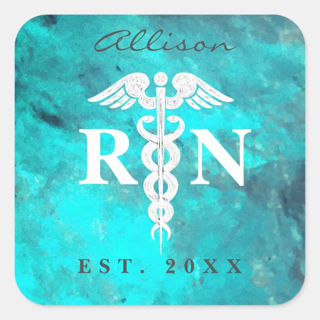 Registered Nurse RN Caduceus Turquoise Custom Square Sticker (Front)