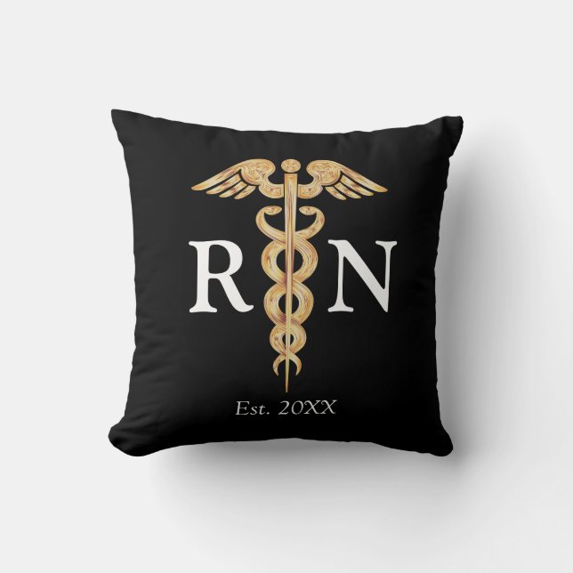 Registered Nurse RN Gold Caduceus Custom Black Cushion (Front)