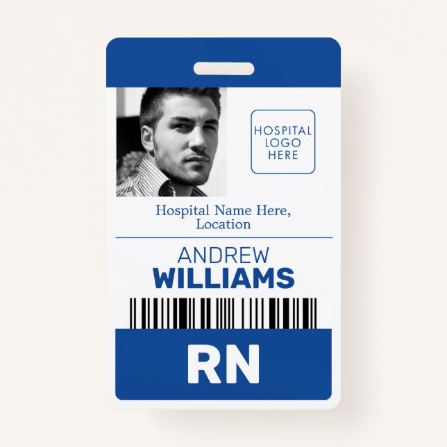 Registered Nurse RN ID Blue and White Logo Photo ID Badge (Front)