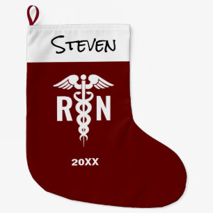 Registered Nurse RN Medical Caduceus Burgundy Large Christmas Stocking