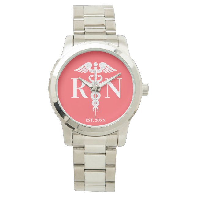 Registered Nurse RN Medical Caduceus Coral Custom Watch (Front)