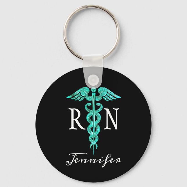 Registered Nurse RN Medical Caduceus Turquoise Key Ring (Front)