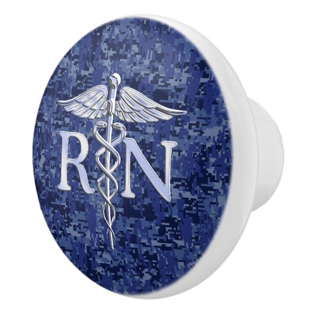 Registered Nurse RN Silber Caduceus Navy Blue Camo Ceramic Knob (Right)