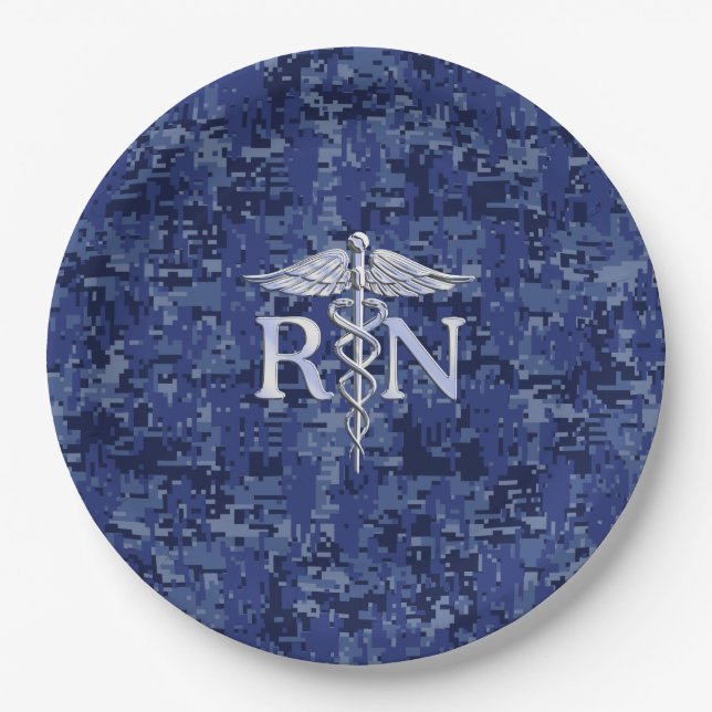 Registered Nurse RN Silber Caduceus Navy Blue Camo Paper Plate (Front)