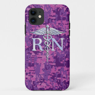 Registered Nurse RN Silver Caduceus Fuchsia Camo iPhone 11 Case
