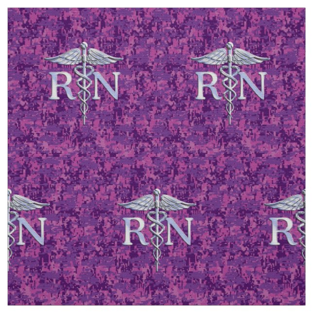 Registered Nurse RN Silver Caduceus Fuchsia Camo Fabric (Swatch)
