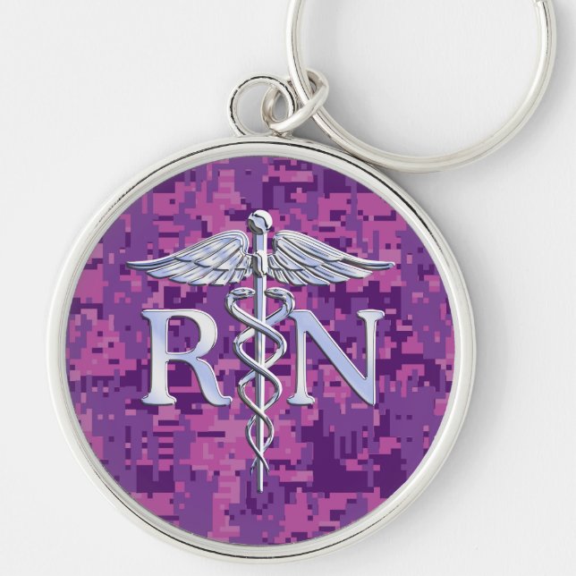 Registered Nurse RN Silver Caduceus Fuchsia Camo Key Ring (Front)