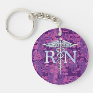 Registered Nurse RN Silver Caduceus Fuchsia Camo Key Ring
