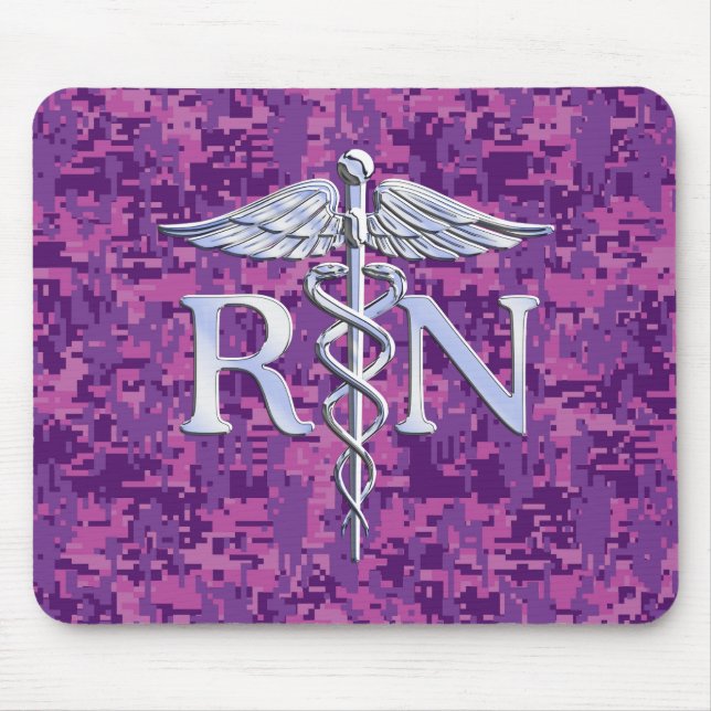 Registered Nurse RN Silver Caduceus Fuchsia Camo Mouse Mat (Front)