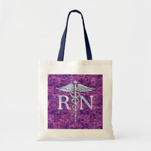 Registered Nurse RN Silver Caduceus Fuchsia Camo Tote Bag