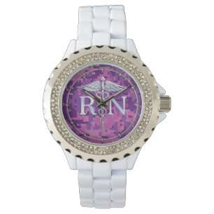 Registered Nurse RN Silver Caduceus Fuchsia Camo Watch