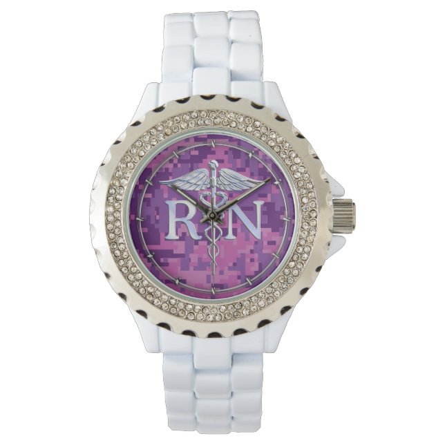 Registered Nurse RN Silver Caduceus Fuchsia Camo Watch (Front)