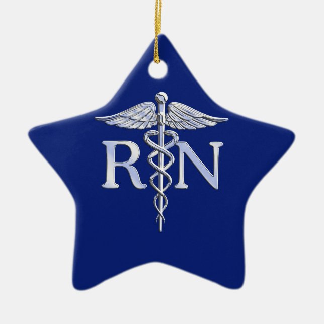 Registered Nurse RN Silver Caduceus Navy Blue deco Ceramic Tree Decoration (Front)