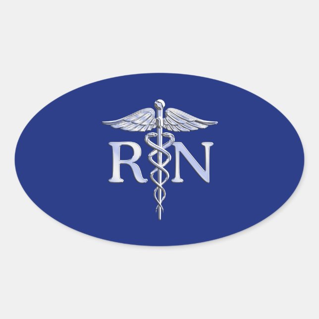 Registered Nurse RN Silver Caduceus Navy Blue deco Oval Sticker (Front)