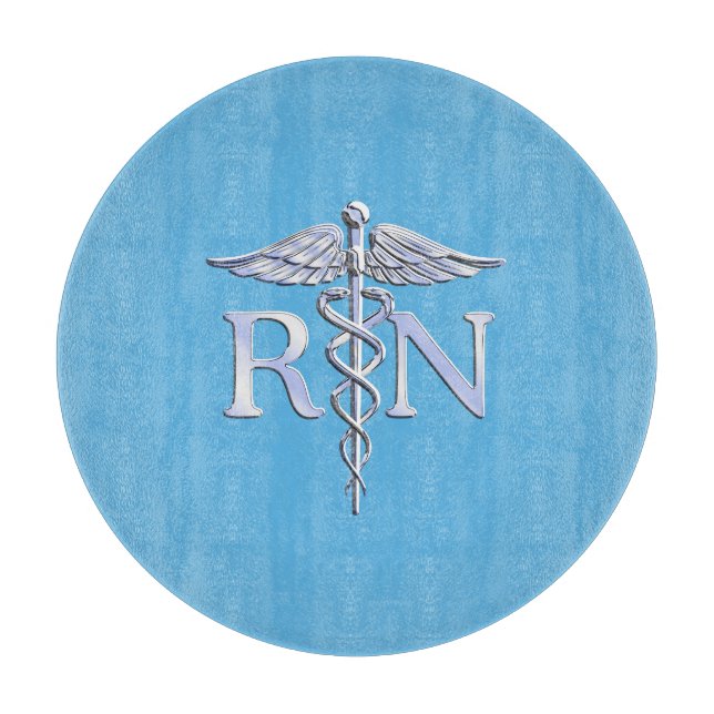 Registered Nurse RN Silver Caduceus on Baby Blue Cutting Board (Front)