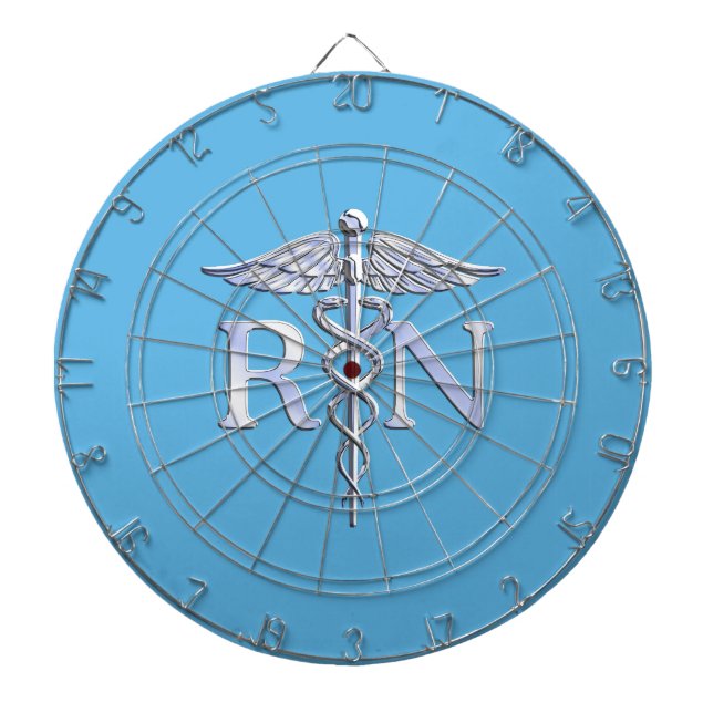 Registered Nurse RN Silver Caduceus on Baby Blue Dartboard (Front)