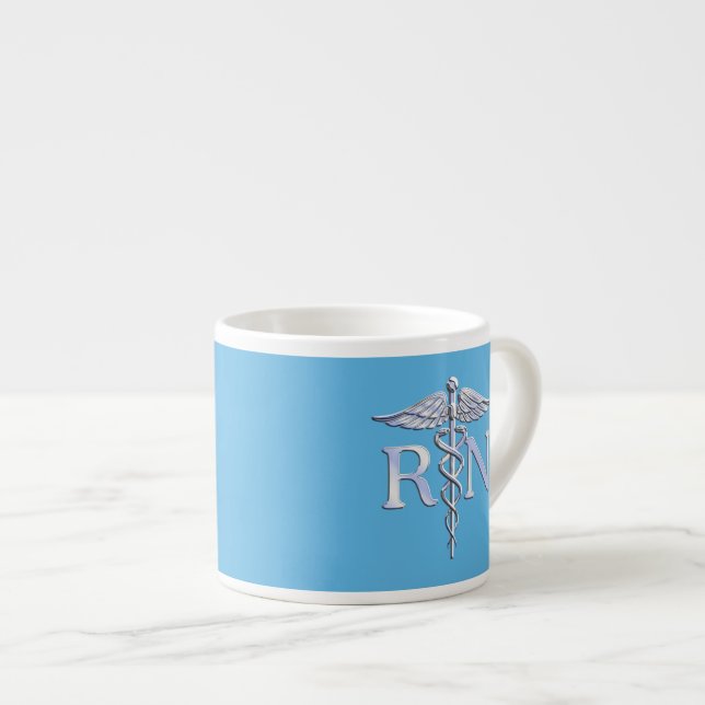 Registered Nurse RN Silver Caduceus on Baby Blue Espresso Cup (Front Right)