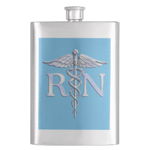 Registered Nurse RN Silver Caduceus on Baby Blue Hip Flask