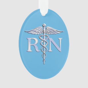 Registered Nurse RN Silver Caduceus on Baby Blue Ornament
