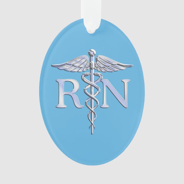 Registered Nurse RN Silver Caduceus on Baby Blue Ornament (Front)