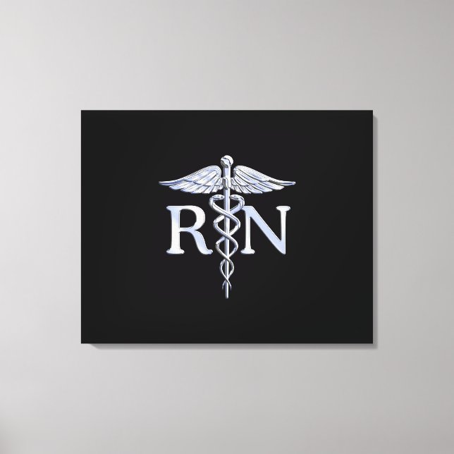 Registered Nurse RN Silver Caduceus on Black Canvas Print (Front)