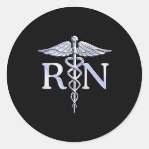 Registered Nurse RN Silver Caduceus on Black Classic Round Sticker