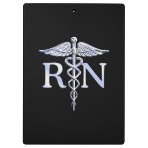 Registered Nurse RN Silver Caduceus on Black Clipboard