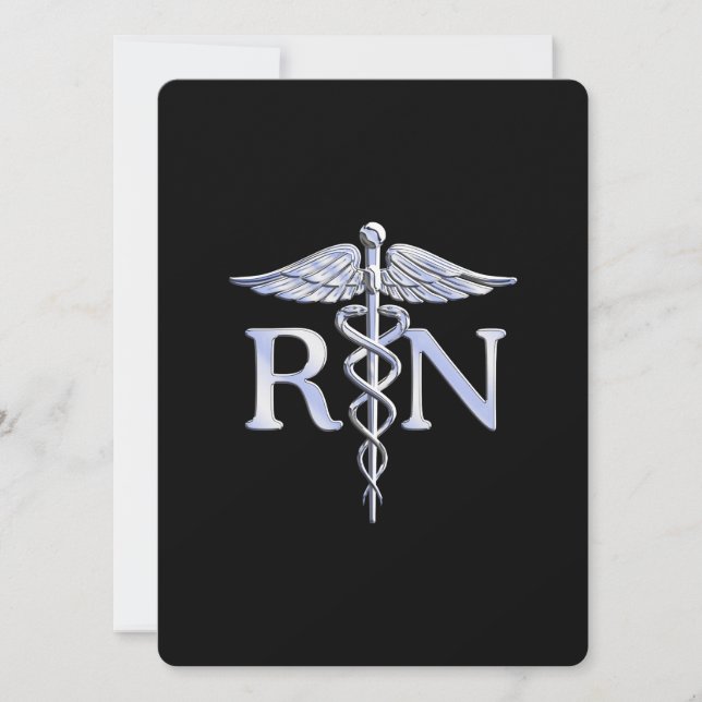 Registered Nurse RN Silver Caduceus on Black Invitation (Front)