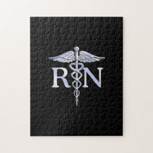 Registered Nurse RN Silver Caduceus on Black Jigsaw Puzzle