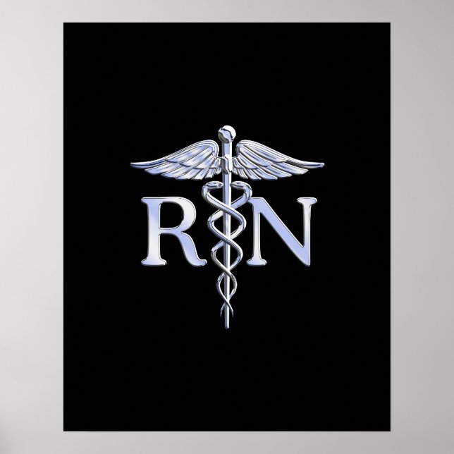 Registered Nurse RN Silver Caduceus on Black Poster (Front)