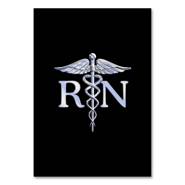 Registered Nurse RN Silver Caduceus on Black Table Number (Front)