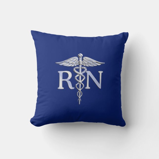 Registered Nurse RN Silver Caduceus on Navy Blue Cushion (Front)