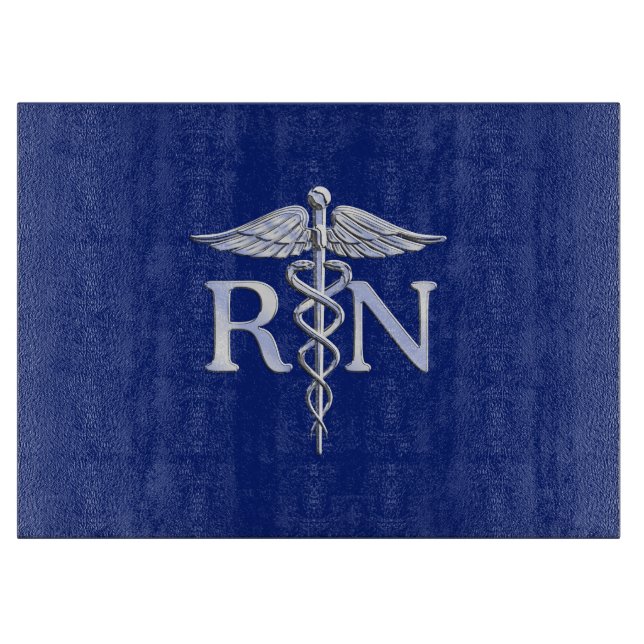 Registered Nurse RN Silver Caduceus on Navy Blue Cutting Board (Front)