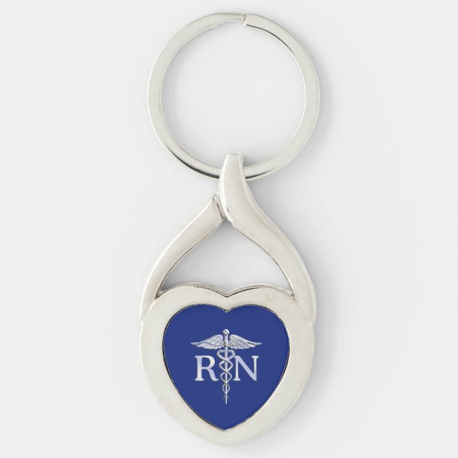Registered Nurse RN Silver Caduceus on Navy Blue Key Ring (Front)
