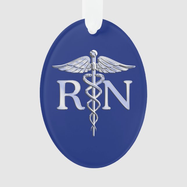 Registered Nurse RN Silver Caduceus on Navy Blue Ornament (Front)
