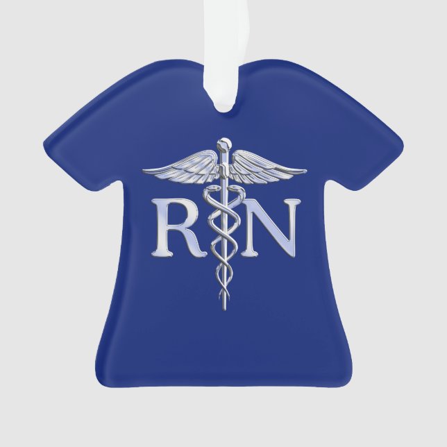Registered Nurse RN Silver Caduceus on Navy Blue Ornament (Front)