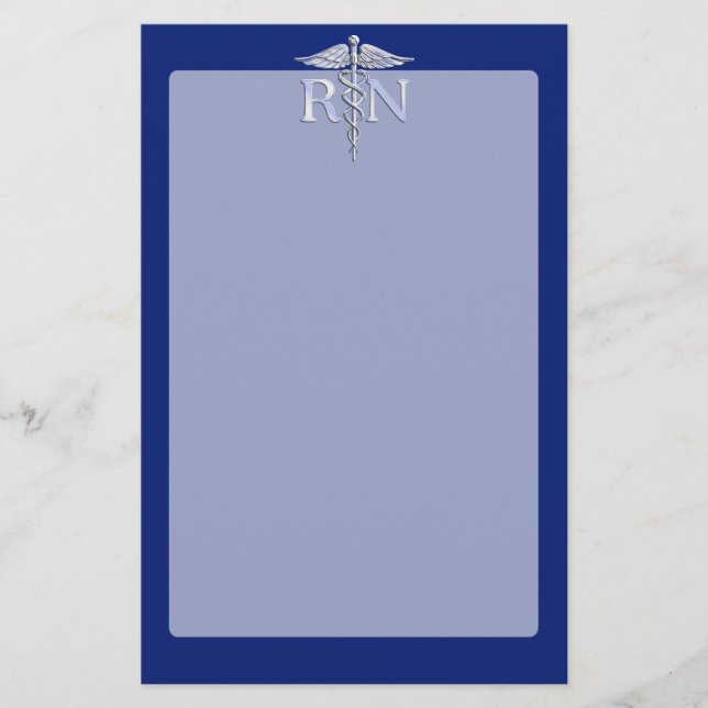 Registered Nurse RN Silver Caduceus on Navy Blue Stationery (Front)