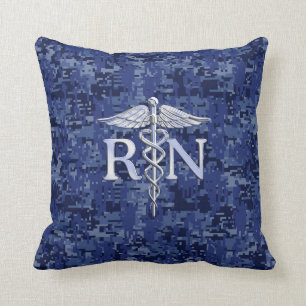 Registered Nurse RN Silver Caduceus on Navy Camo Cushion