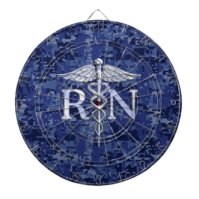 Registered Nurse RN Silver Caduceus on Navy Camo Dartboard (Front)