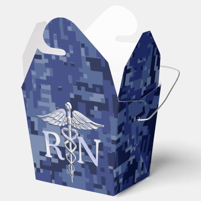 Registered Nurse RN Silver Caduceus on Navy Camo Favour Box (Opened)