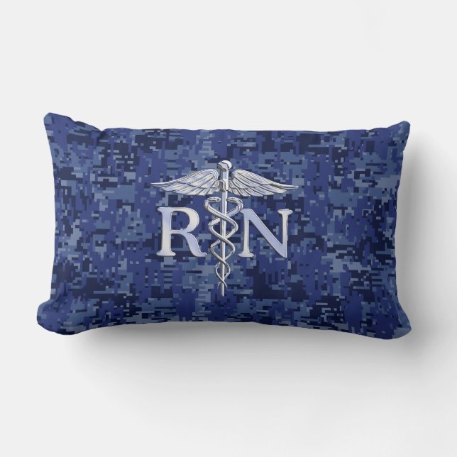 Registered Nurse RN Silver Caduceus on Navy Camo Lumbar Cushion (Front)