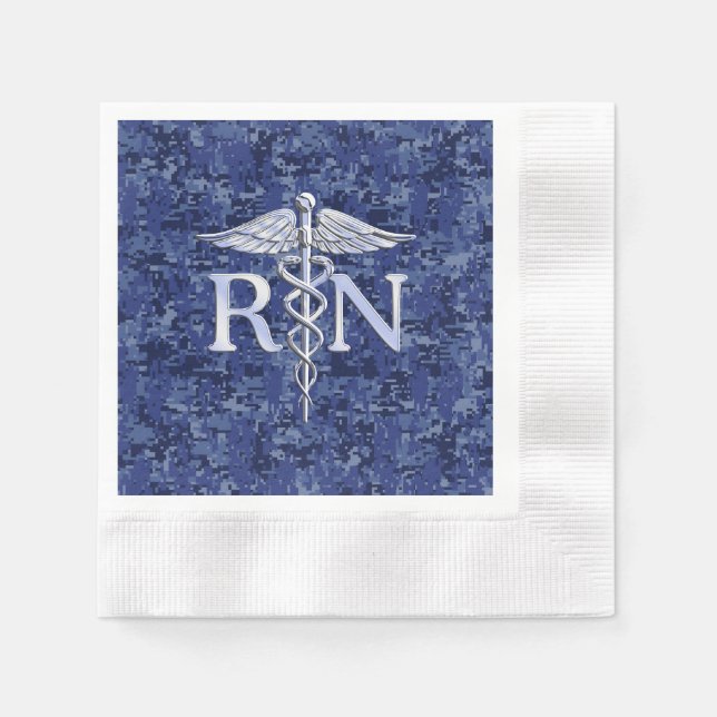 Registered Nurse RN Silver Caduceus on Navy Camo Napkin (Front)